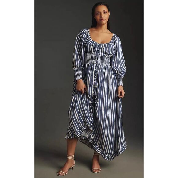 Anthropologie Striped Midi Dress in Navy and White - Picture 3 of 13